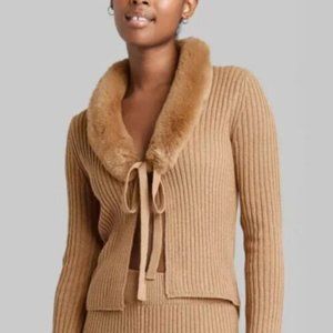 Wild Fable Faux Fur Open Front Cardigan Light Brown